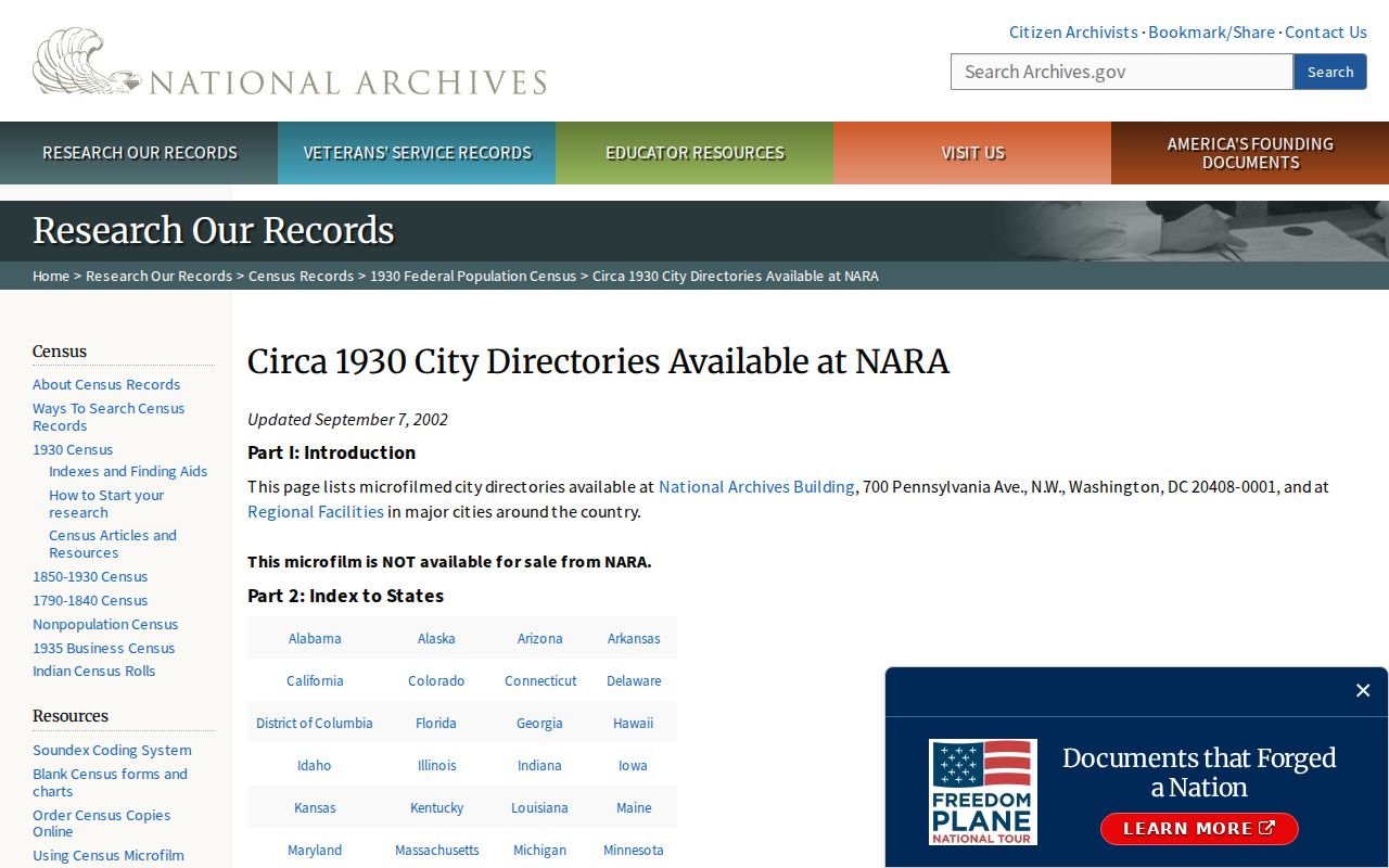 Oxnard city directory National Archives guide showing circa-1930 directory holdings