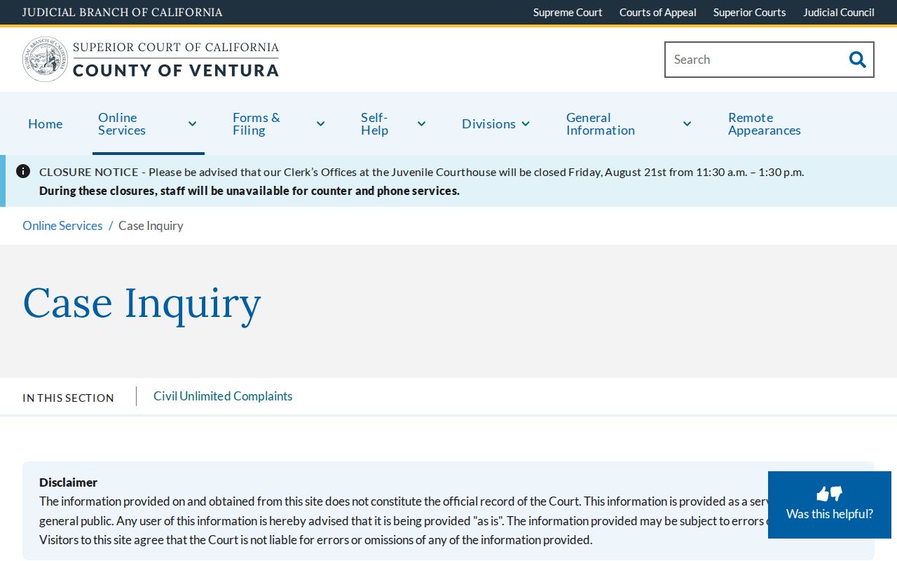 Oxnard residents directory Ventura County court case inquiry