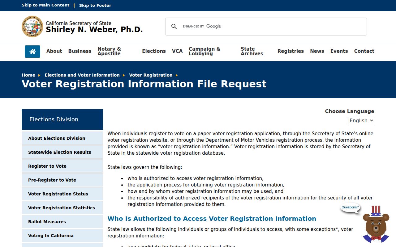 Oxnard resident lookup view of the California voter file request information